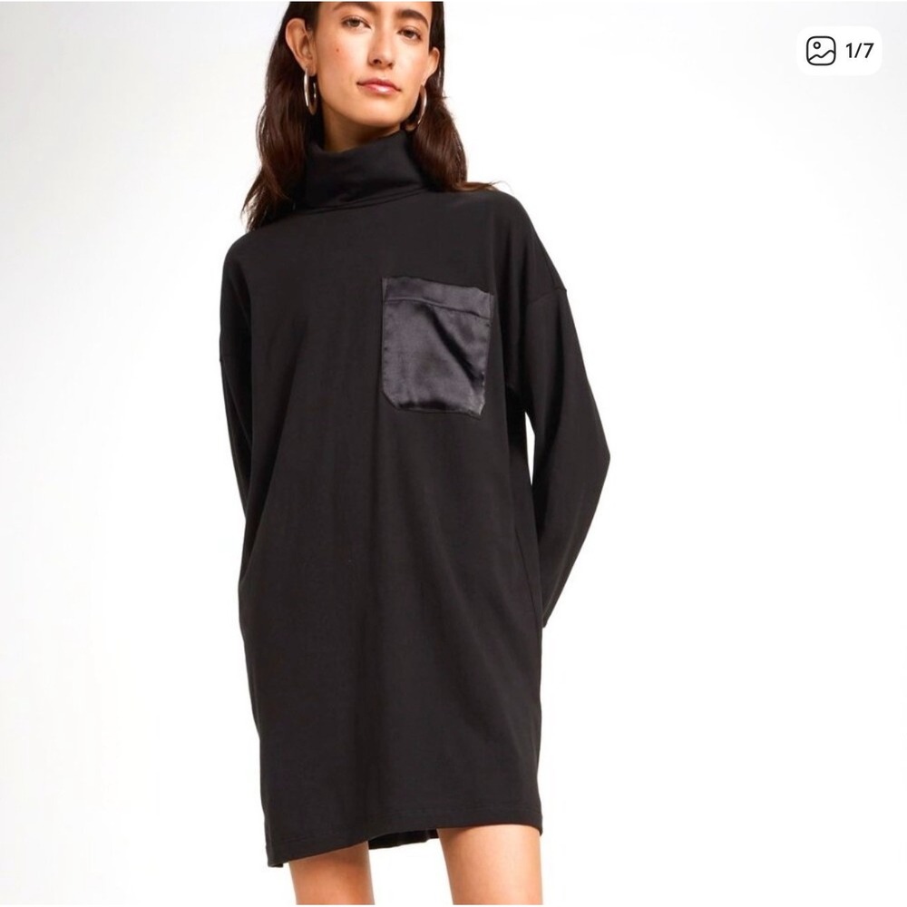 ATM Women Shirt Dress XL Black Turtleneck Lagenlook Minimalist Long Sleeve